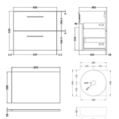 Erin 600mm Wall Mounted 2 Drawer Vanity Unit & Countertop
