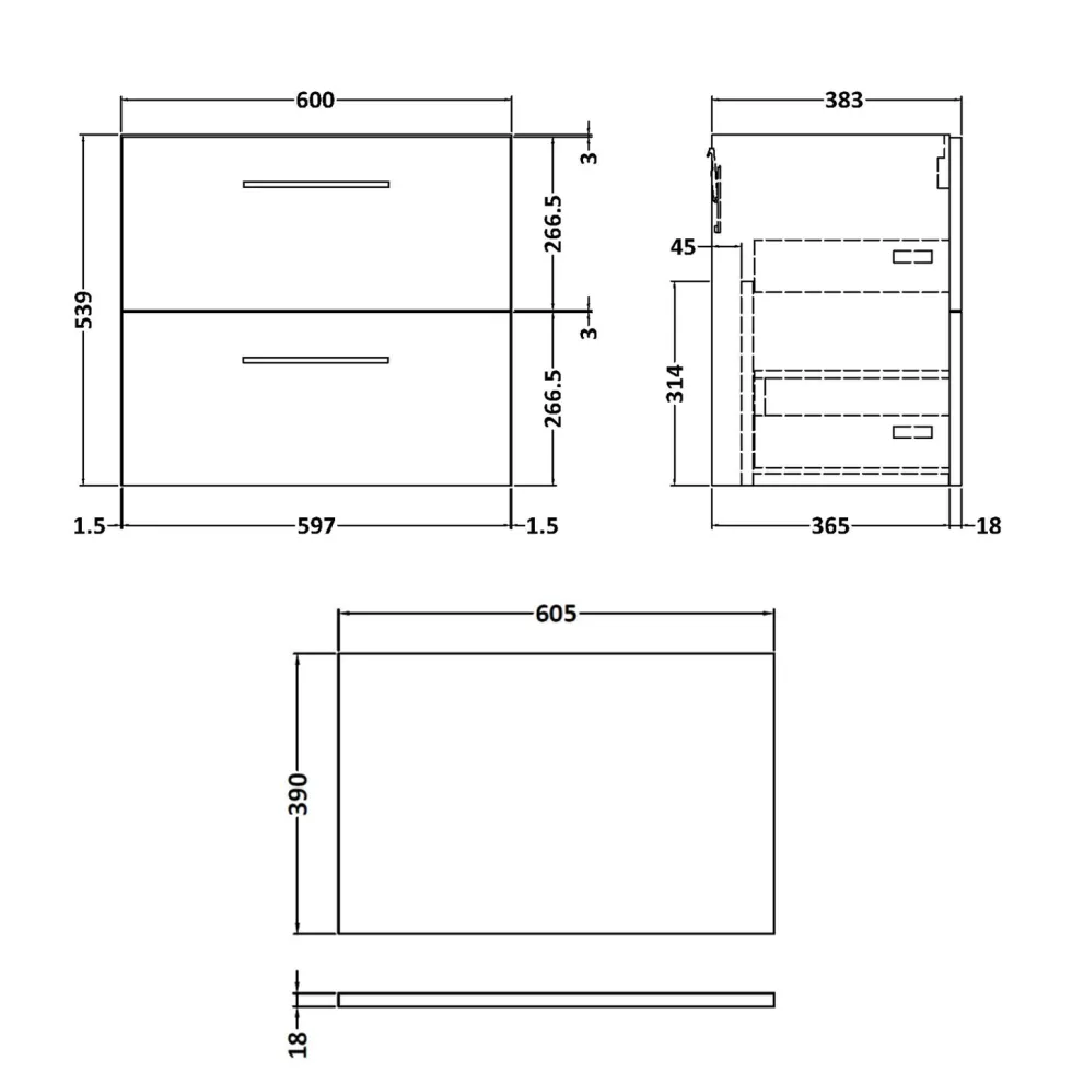 Erin 600mm Wall Mounted 2 Drawer Vanity Unit & Countertop