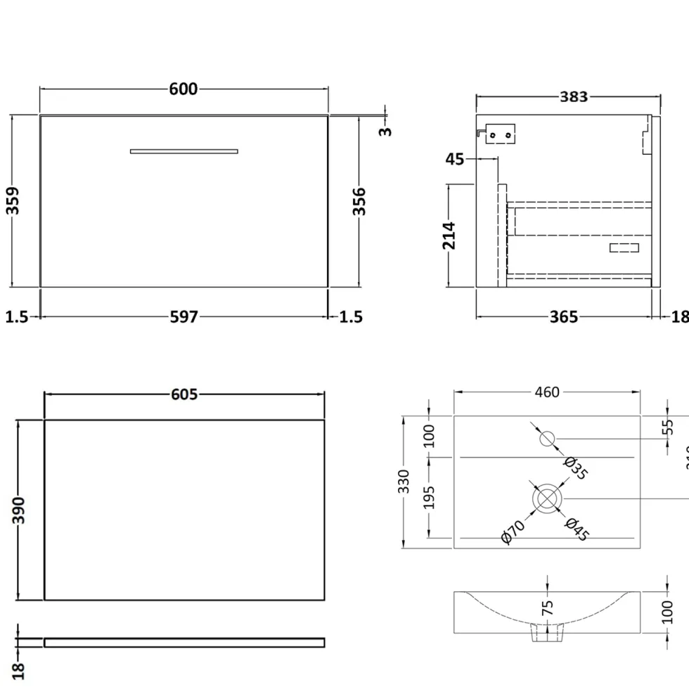Erin 600mm Wall Mounted 1 Drawer Vanity Unit & Countertop