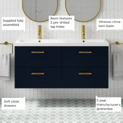 Erin 1200mm Wall Mounted 4 Drawer Vanity Unit & Double Basin