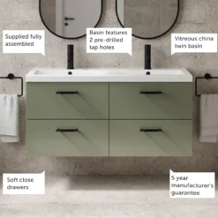 Erin 1200mm Wall Mounted 4 Drawer Vanity Unit & Double Basin