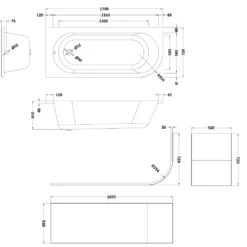Erin Modern Shower Bath Suite with 1700mm J Shaped Bath & Rimless Toilet
