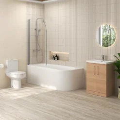 Erin Modern Shower Bath Suite with 1700mm J Shaped Bath & Rimless Toilet