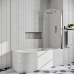 Erin Modern Shower Bath Suite with 1700mm J Shaped Bath & Rimless Toilet