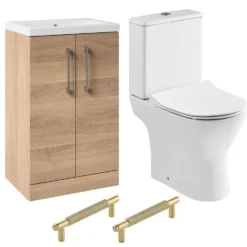 Erin Rimless Toilet & Vanity Unit Bathroom Suite Set with Brushed Brass Handles