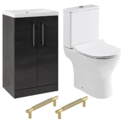 Erin Rimless Toilet & Vanity Unit Bathroom Suite Set with Brushed Brass Handles