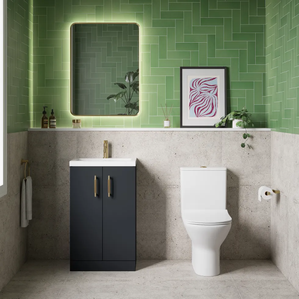 Erin Rimless Toilet & Vanity Unit Bathroom Suite Set with Brushed Brass Handles