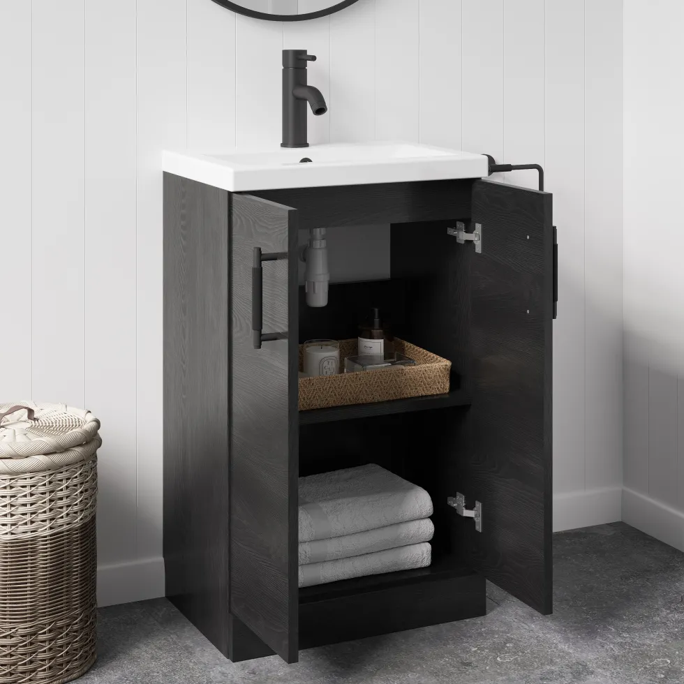 Erin Rimless Toilet & Vanity Unit Bathroom Suite Set with Matt Black Handles