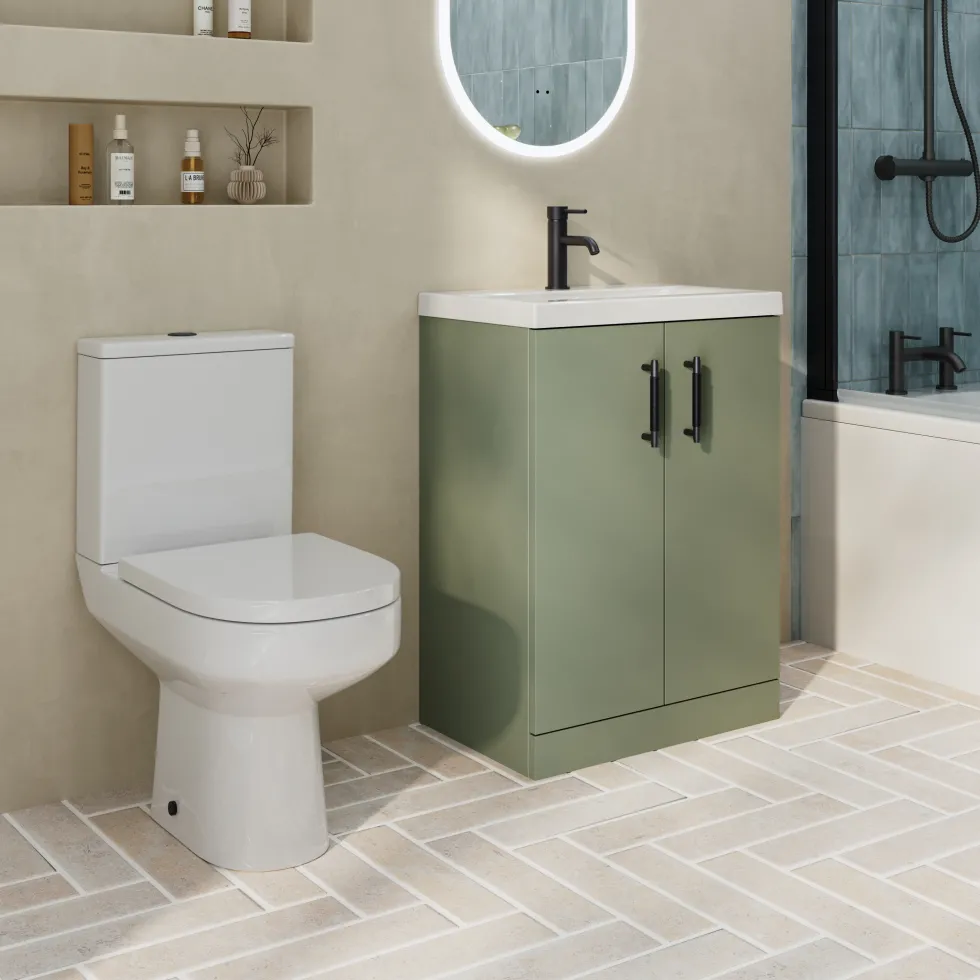 Erin Rimless Toilet & Vanity Unit Bathroom Suite with Matt Black Handles
