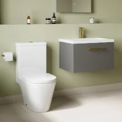 Freddie Rimless Toilet & Vanity Unit Bathroom Suite with Brushed Brass Handles