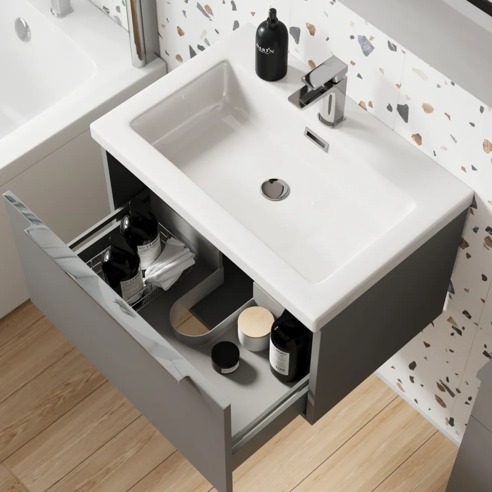 Freddie Rimless Toilet & Vanity Unit Bathroom Suite with Brushed Brass Handles