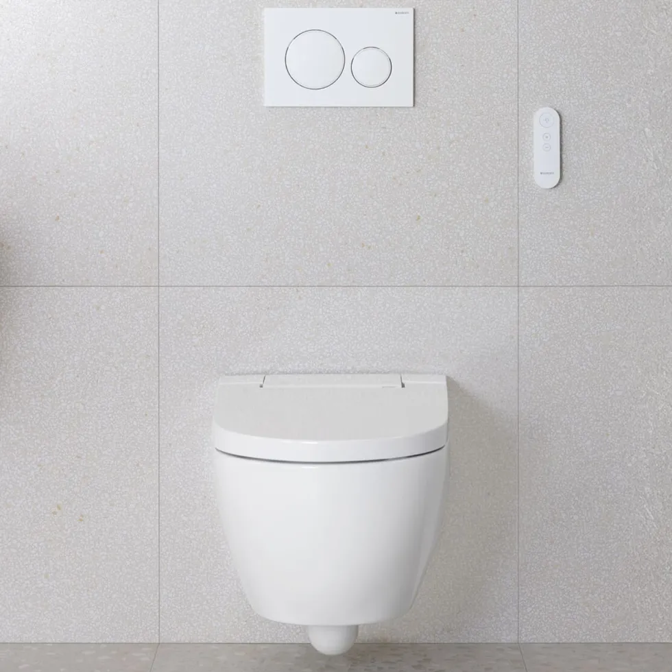 Geberit AquaClean Alba Rimless Wall Hung Smart Toilet with Wrap Over Soft Close Seat & Remote Control