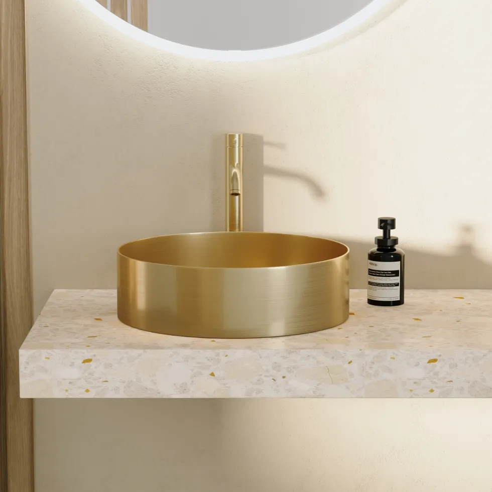 Harbour Brushed Brass Round PVD Countertop Basin with Waste - 377mm