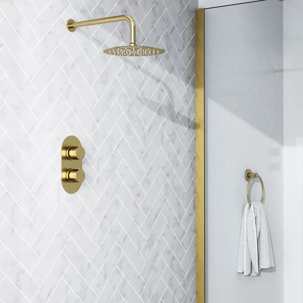 Harbour Clarity Brushed Brass Concealed Shower Valve, Fixed Shower Arm & Head