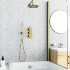 Harbour Clarity Brushed Brass Shower Package with 3 Outlet Valve, Fixed Head & Arm, Wall Shower Kit and Overflow Bath Filler