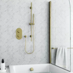Harbour Clarity Brushed Brass Shower Package with 2 Outlet Valve, Slide Rail Kit and Overflow Bath Filler