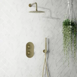 Harbour Clarity Brushed Brass Shower Package with 2 Outlet Valve, Fixed Head & Arm and Wall Shower Kit