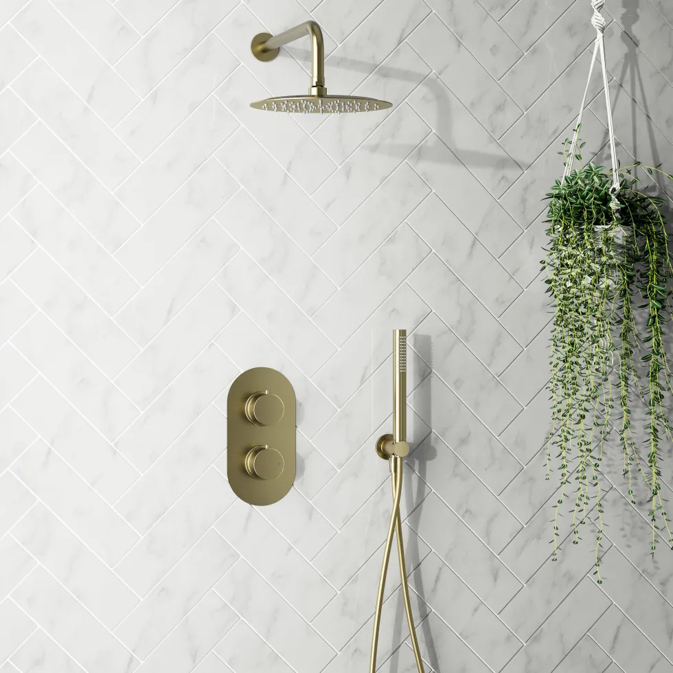 Harbour Clarity Brushed Brass Shower Package with 2 Outlet Valve, Fixed Head & Arm and Wall Shower Kit