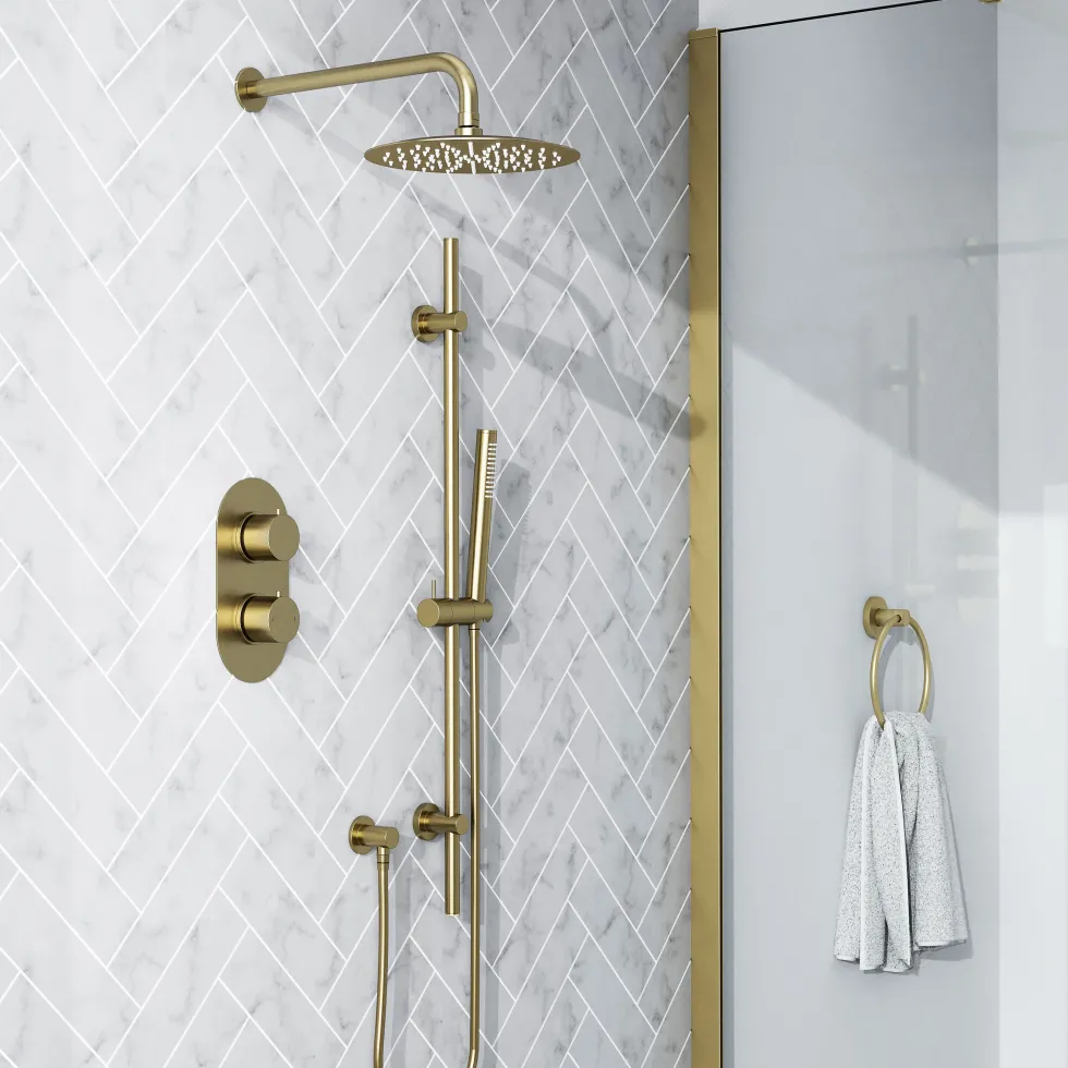 Harbour Clarity Brushed Brass Shower Package with 2 Outlet Valve, Fixed Head & Arm and Slide Rail Shower Kit