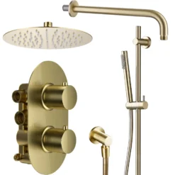 Harbour Clarity Brushed Brass Shower Package with 2 Outlet Valve, Fixed Head & Arm and Slide Rail Shower Kit