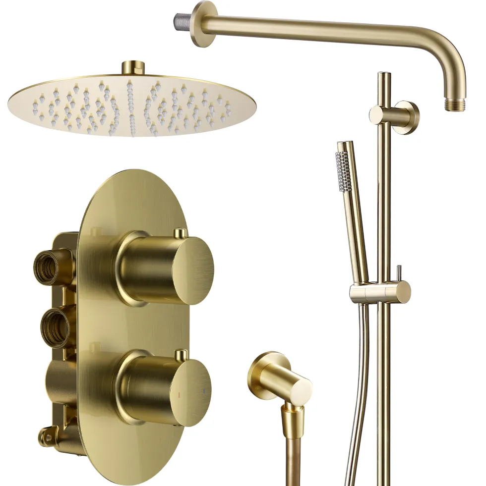 Harbour Clarity Brushed Brass Shower Package with 2 Outlet Valve, Fixed Head & Arm and Slide Rail Shower Kit