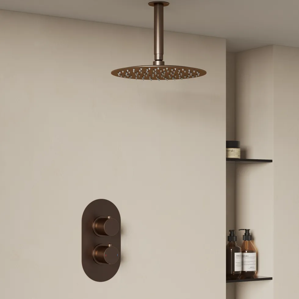 Harbour Clarity Brushed Bronze Concealed Shower Valve, Fixed Ceiling Mounted Shower Arm & Head