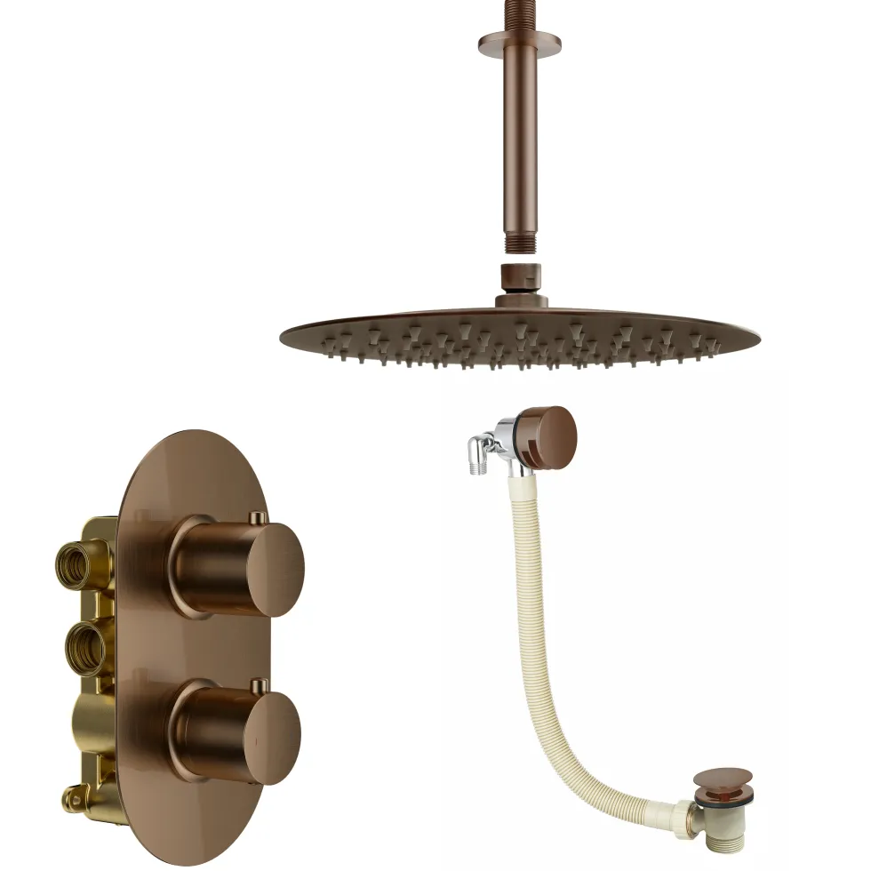 Harbour Clarity Brushed Bronze Shower Package with 2 Outlet Valve, Fixed Head & Ceiling Arm and Overflow Bath Filler