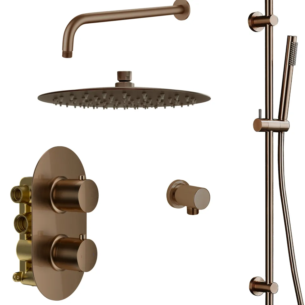 Harbour Clarity Brushed Bronze Shower Package with 2 Outlet Valve, Fixed Head & Wall Mounted Arm and Slide Rail Shower Kit