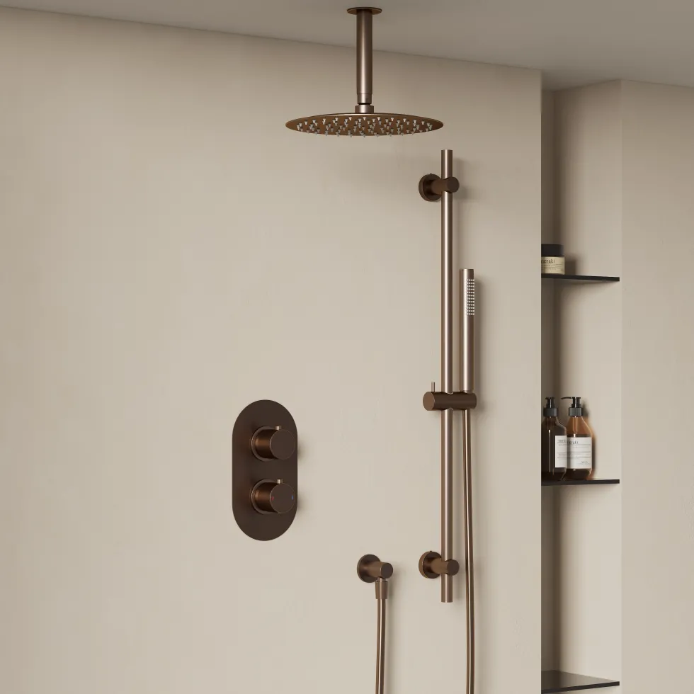 Harbour Clarity Brushed Bronze Shower Package with 2 Outlet Valve, Fixed Head & Ceiling Arm and Slide Rail Shower Kit