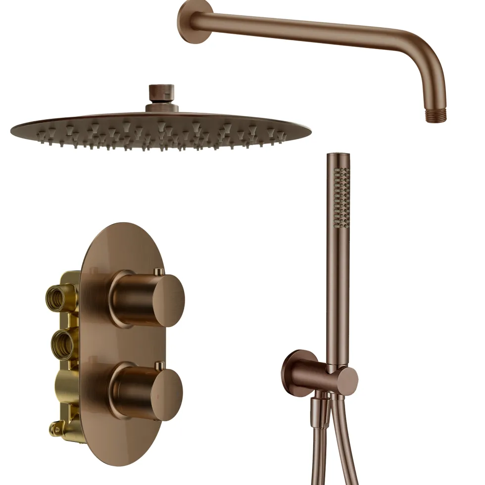 Harbour Clarity Brushed Bronze Shower Package with 2 Outlet Valve, Fixed Head & Wall Mounted Arm and Wall Shower Kit