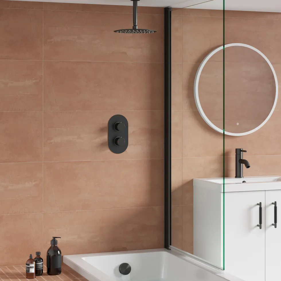 Harbour Clarity Gunmetal Shower Package with 2 Outlet Valve, Fixed Head & Ceiling Arm and Overflow Bath Filler