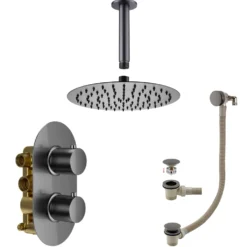 Harbour Clarity Gunmetal Shower Package with 2 Outlet Valve, Fixed Head & Ceiling Arm and Overflow Bath Filler