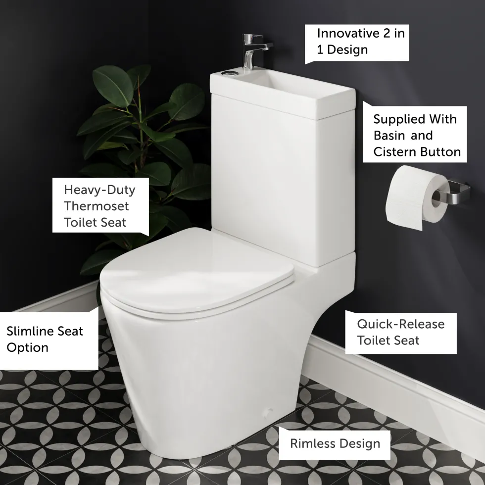 Harbour Clarity 2 in 1 Wash Basin & Close Coupled Open Back Toilet with Soft Close Seat