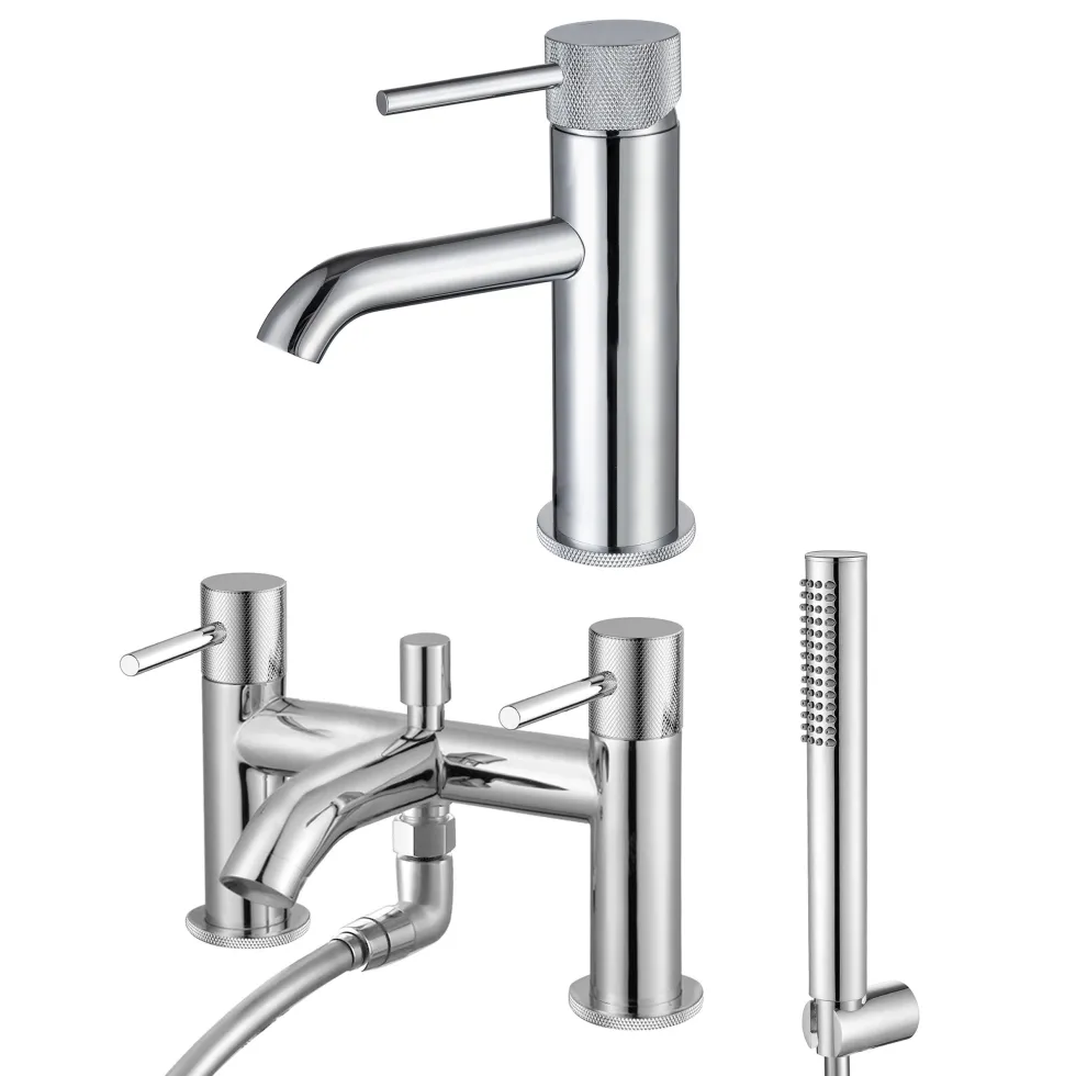 Harbour Clarity Knurled Basin Mixer Tap & Waste and Bath Shower Mixer Tap with Shower Kit