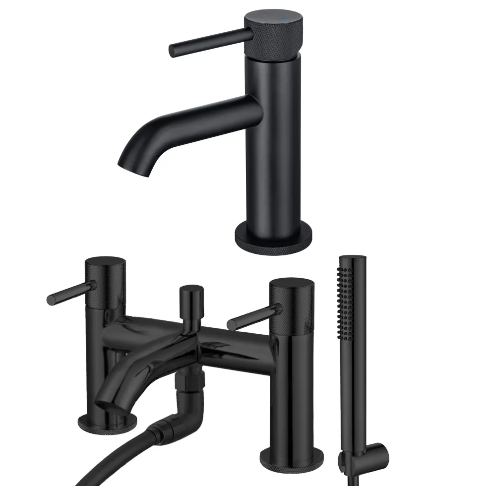 Harbour Clarity Knurled Basin Mixer Tap & Waste and Bath Shower Mixer Tap with Shower Kit