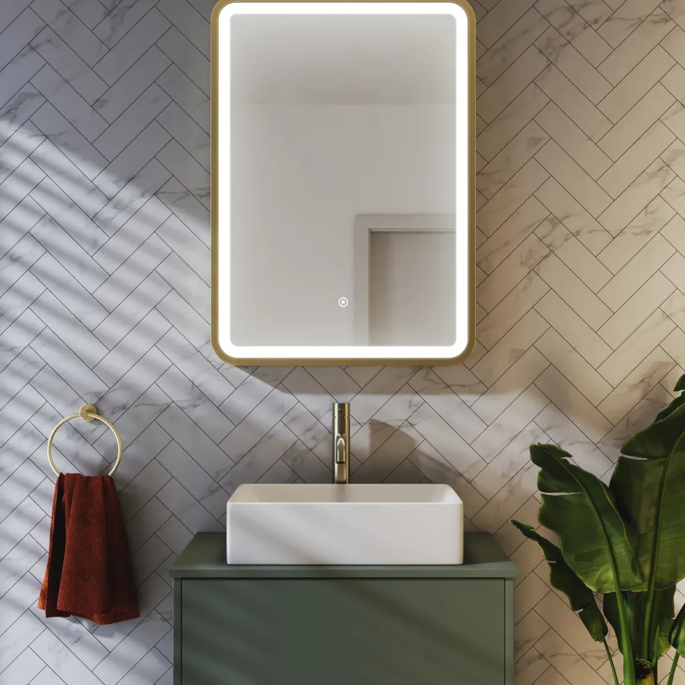Harbour Clarity LED Illuminated Brushed Brass Framed Mirror with Demister Pad - 500 x 700mm