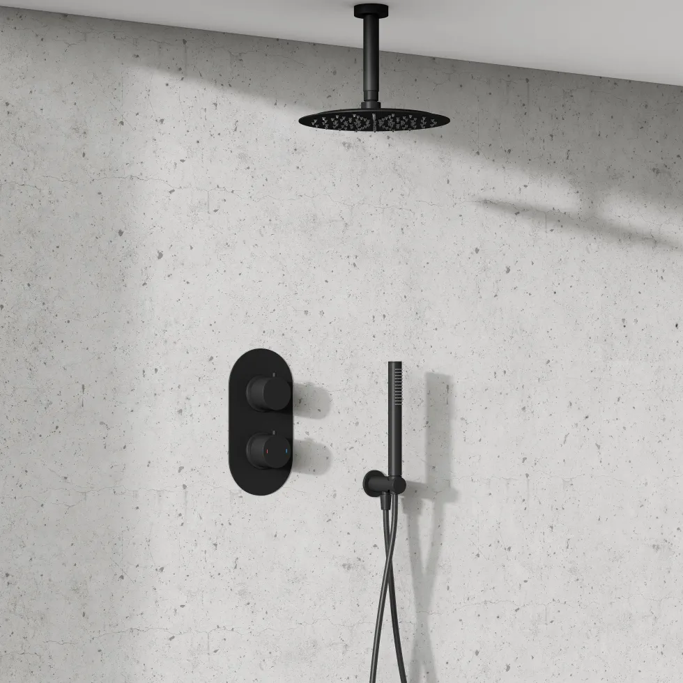 Harbour Clarity Matt Black Concealed Shower Valve, Fixed Ceiling Mounted Head and Wall Shower Kit