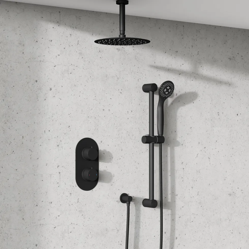 Harbour Clarity Matt Black Concealed Shower Valve, Fixed Ceiling Mounted Head and Slide Rail Kit