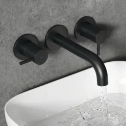 Harbour Clarity Matt Black 3 Hole Wall Mounted Basin Tap with Easy Plumb Installation Kit