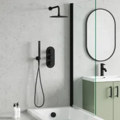 Harbour Clarity Matt Black Shower Package with 3 Outlet Valve, Fixed Head & Arm, Wall Shower Kit & Overflow Bath Filler