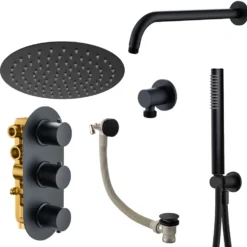 Harbour Clarity Matt Black Shower Package with 3 Outlet Valve, Fixed Head & Arm, Wall Shower Kit & Overflow Bath Filler