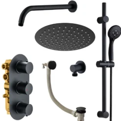Harbour Clarity Matt Black Shower Package with 3 Outlet Valve, Fixed Head & Arm, Shower Rail Kit & Overflow Bath Filler