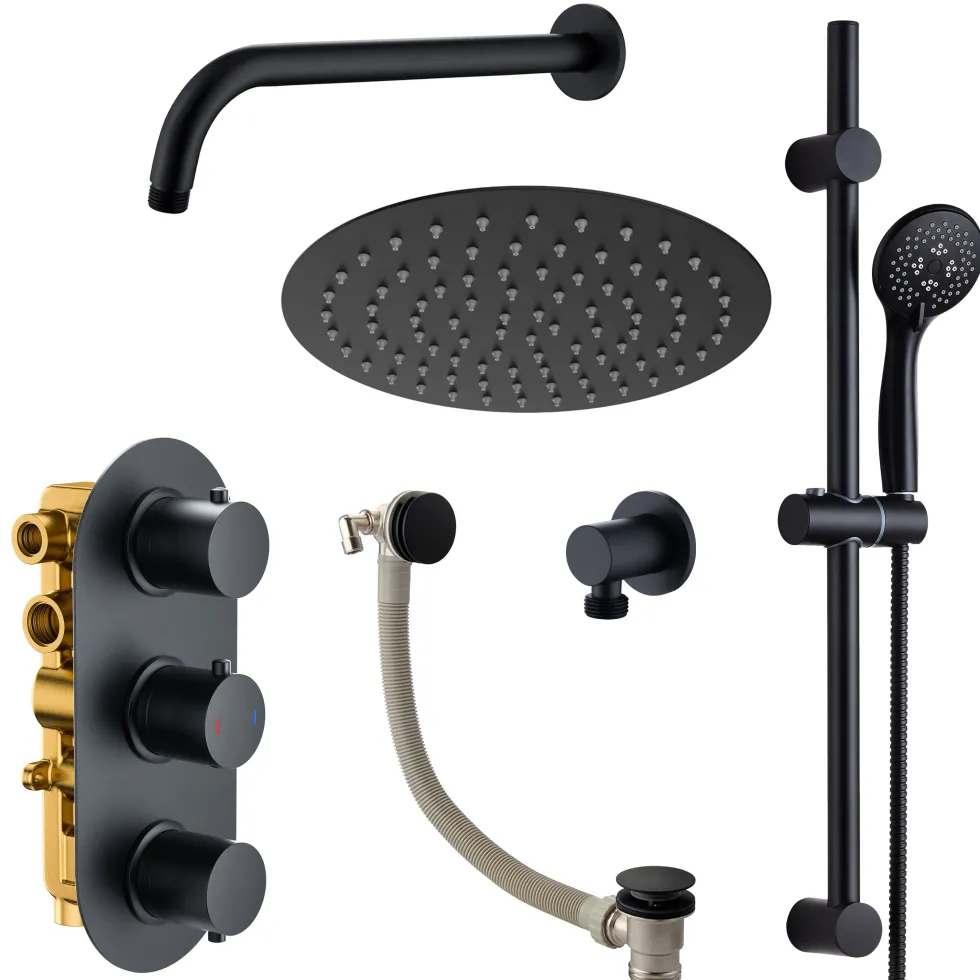 Harbour Clarity Matt Black Shower Package with 3 Outlet Valve, Fixed Head & Arm, Shower Rail Kit & Overflow Bath Filler
