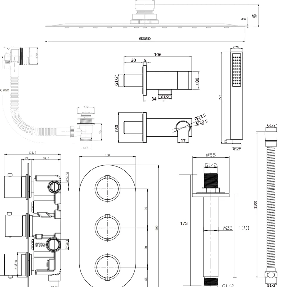 Harbour Clarity Shower Package with 3 Outlet Valve, Fixed Head & Ceiling Arm, Wall Shower Kit and Overflow Bath Filler