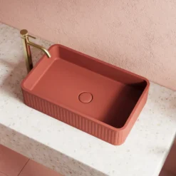 Harbour Concrete 520mm Fluted Rectangular Countertop Basin - Brick Red
