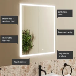 Harbour Glow Recessed Double Door LED Bathroom Mirror Cabinet - 600 x 700mm
