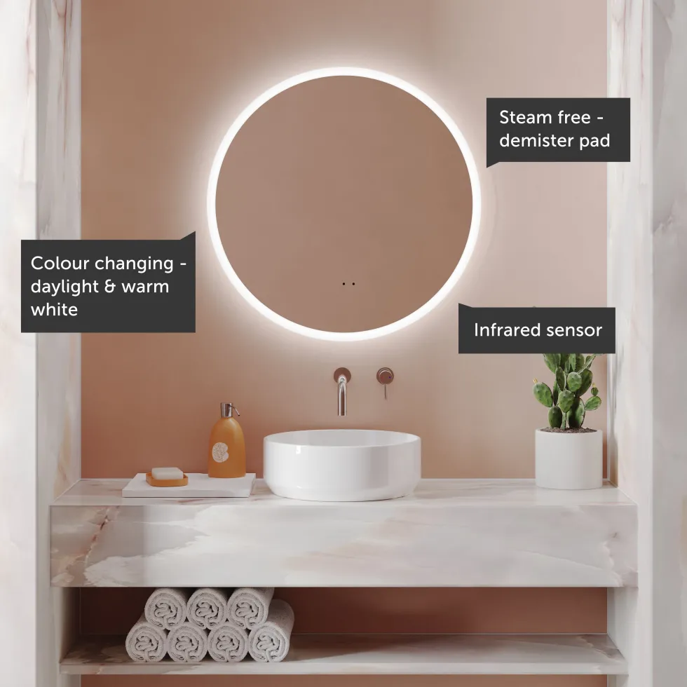 Harbour Glow Round LED Bathroom Mirror with Demister Pad & Colour Change Lights - 600mm