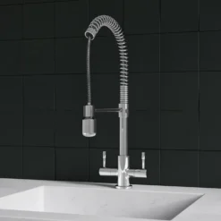 Harbour Groove Twin Lever Mono Kitchen Sink Mixer Tap with Pull Out Hose - Polished Chrome