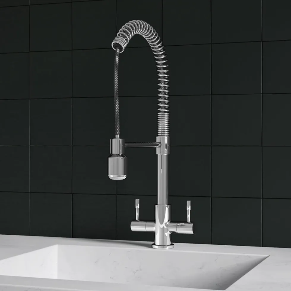 Harbour Groove Twin Lever Mono Kitchen Sink Mixer Tap with Pull Out Hose - Polished Chrome