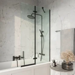 Harbour i6 Easy Clean Matt Black Hinged Bath Screen with Fixed Inline Panel - 1500 x 875mm